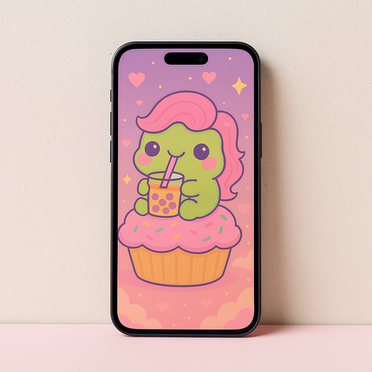 Fruffy the KuteFrog with Bubble Tea – Pastel Cupcake Aesthetic Wallpaper