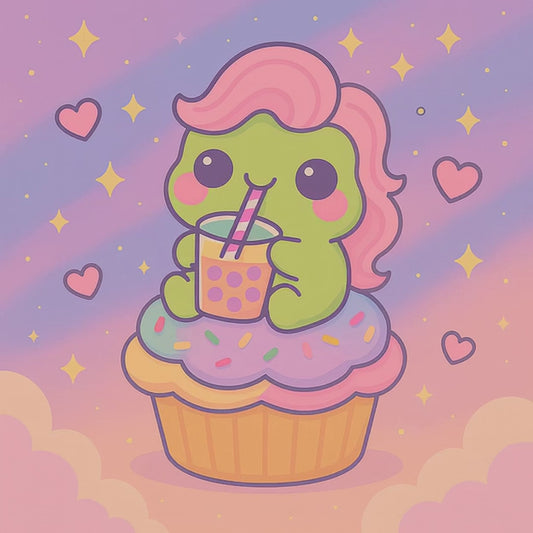 Fruffy the KuteFrog with Bubble Tea – Pastel Cupcake Aesthetic Wallpaper