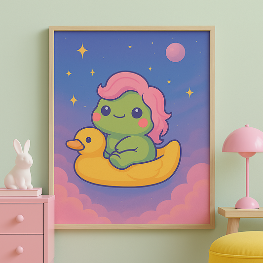 Fruffy the KuteFrog on a Magic Duck – Kawaii Printable Art
